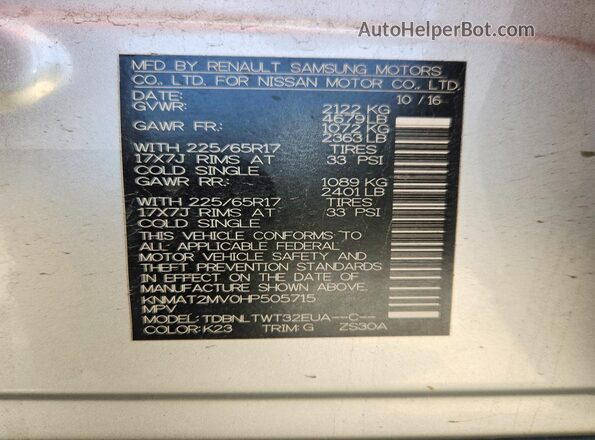 KNMAT2MV0HP505715 2017 NISSAN ROGUE Silver Vista de la etiqueta del VIN