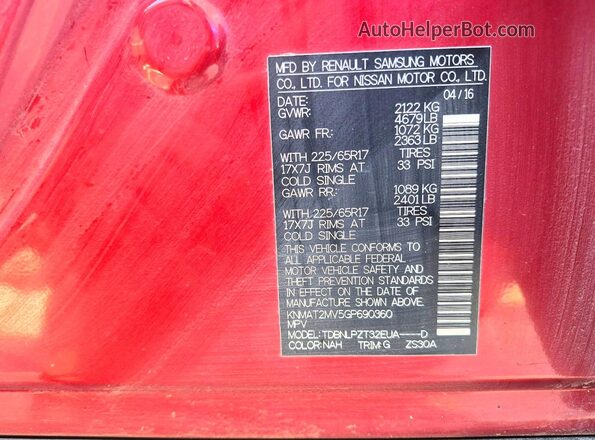 KNMAT2MV5GP690360 2016 NISSAN ROGUE Red Widok tylnych siedzeń