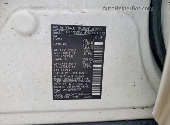 KNMAT2MV5LP526097 2020 NISSAN ROGUE White Widok naklejki z numerem VIN