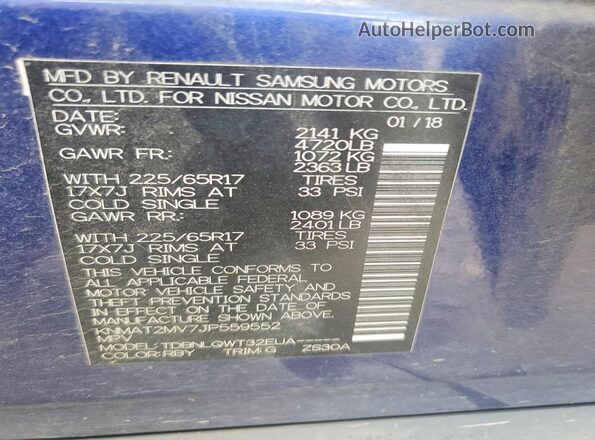 KNMAT2MV7JP559552 2018 NISSAN ROGUE Синий Вид наклейки с VIN-кодом