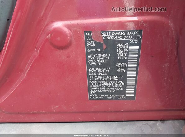 KNMAT2MVXGP669438 2016 NISSAN ROGUE Red ძრავის განყოფილების ხედი