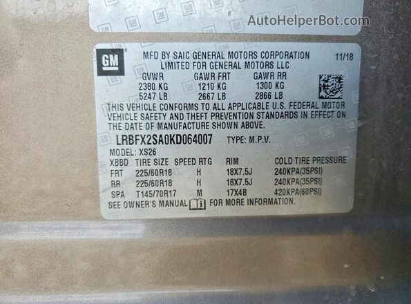 LRBFX2SA0KD064007 2019 BUICK ENVISION Gold VIN կոդի պիտակի տեսք
