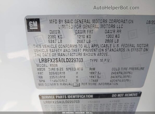 LRBFX2SA0LD229703 2020 BUICK ENVISION White ძრავის განყოფილების ხედი