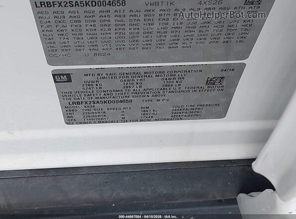 LRBFX2SA5KD004658 2019 BUICK ENVISION Белый Вид подкапотного пространства