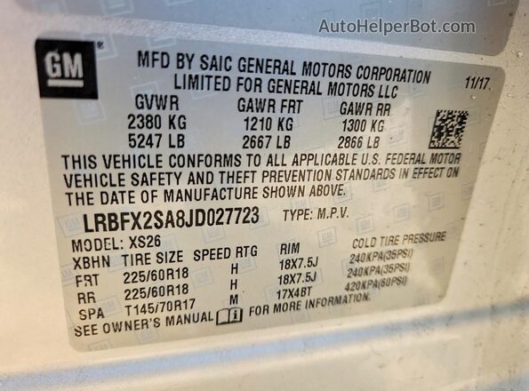 LRBFX2SA8JD027723 2018 BUICK ENVISION Silver Vista de la etiqueta del VIN