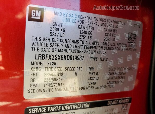 LRBFX3SX8KD019987 2019 BUICK ENVISION Красный Панорамный вид салона 360°
