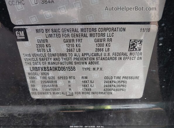 LRBFXBSA0KD061558 2019 BUICK ENVISION Black Engine compartment view