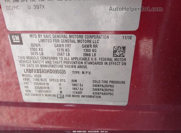 LRBFXBSA5HD095035 2017 BUICK ENVISION Red Vista del compartimento del motor