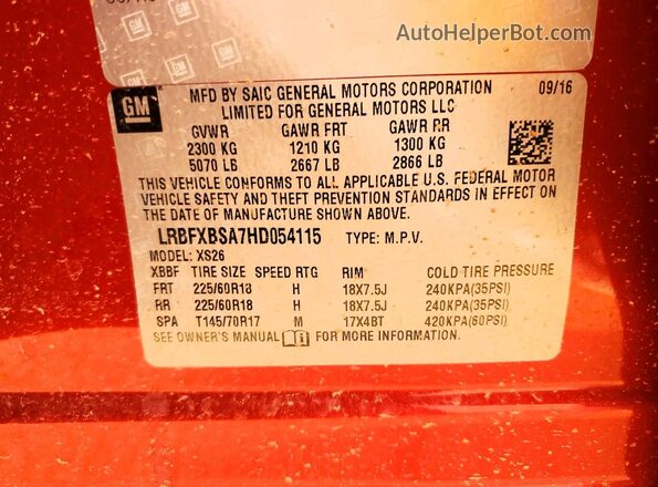 LRBFXBSA7HD054115 2017 BUICK ENVISION Red Вид наклейки з VIN-кодом