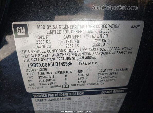 LRBFXCSA6LD149585 2020 BUICK ENVISION Black Շարժիչի բաժամունքի տեսք