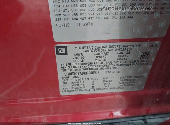 LRBFXCSA8KD006913 2019 BUICK ENVISION Красный Вид подкапотного пространства