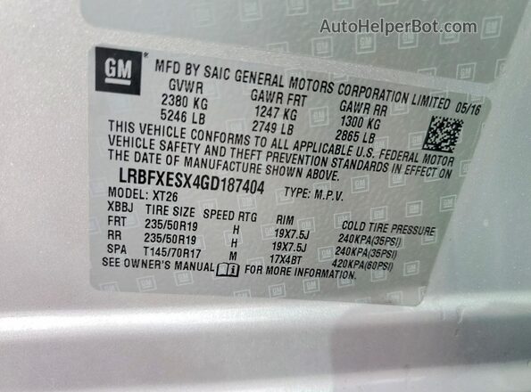 LRBFXESX4GD187404 2016 BUICK ENVISION Silver Вид наклейки з VIN-кодом