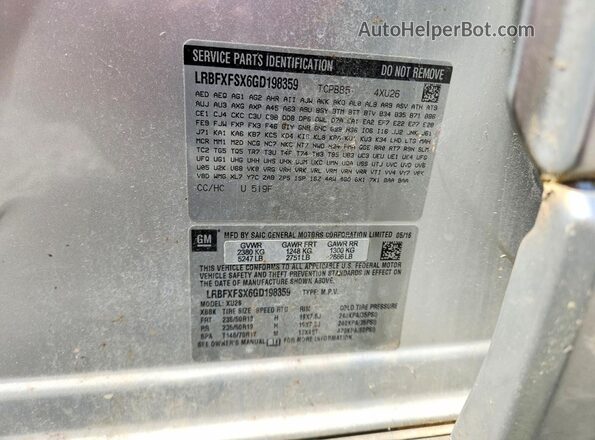 LRBFXFSX6GD198359 2016 BUICK ENVISION Silver VIN კოდის სტიკერის ხედი