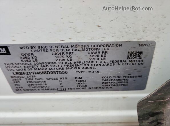 LRBFZPR46MD087558 2021 BUICK ENVISION Белый Вид наклейки с VIN-кодом