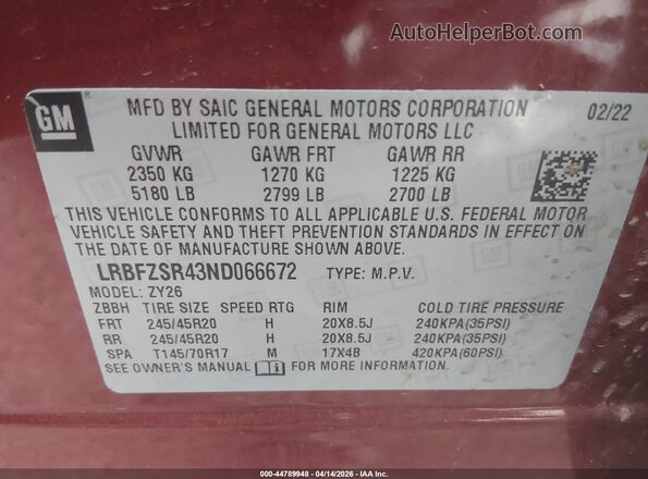 LRBFZSR43ND066672 2022 BUICK ENVISION Maroon Vista del compartimento del motor