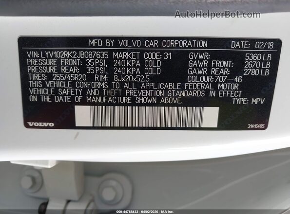 LYV102RK2JB087635 2018 VOLVO XC60 Белый Вид подкапотного пространства