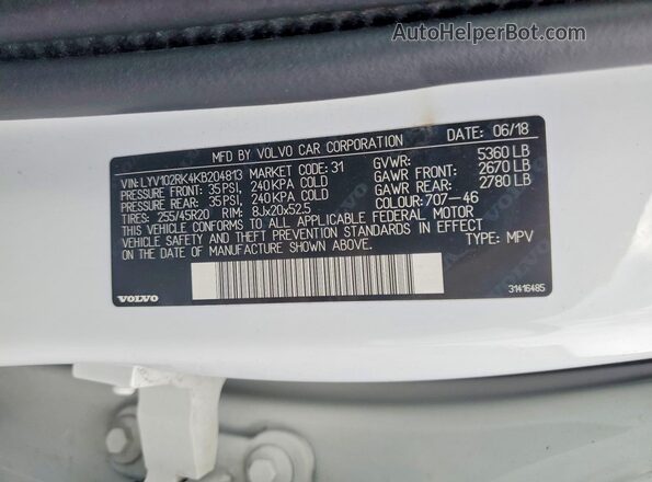 LYV102RK4KB204813 2019 VOLVO XC60 Белый Вид наклейки с VIN-кодом