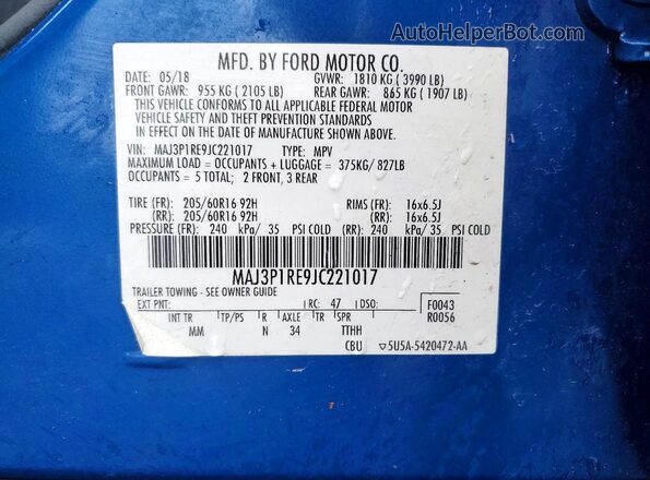 MAJ3P1RE9JC221017 2018 FORD ECOSPORT Синий Вид наклейки с VIN-кодом