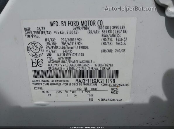 MAJ3P1TEXJC211198 2018 FORD ECOSPORT White Շարժիչի բաժամունքի տեսք
