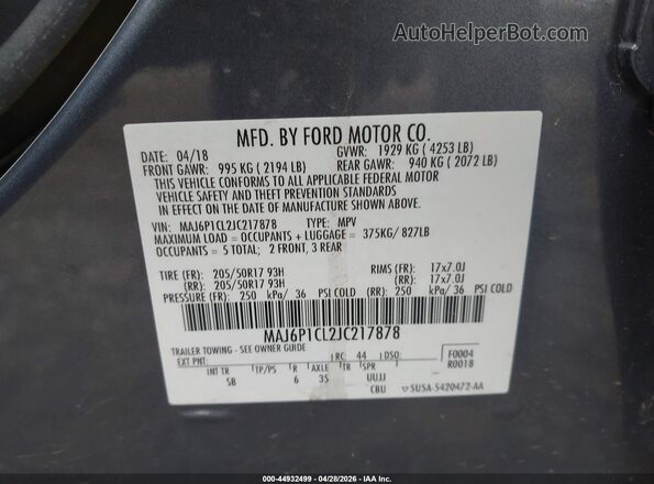 MAJ6P1CL2JC217878 2018 FORD ECOSPORT Серый Вид подкапотного пространства