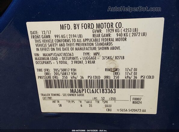 MAJ6P1CL6JC183363 2018 FORD ECOSPORT Синий Вид подкапотного пространства