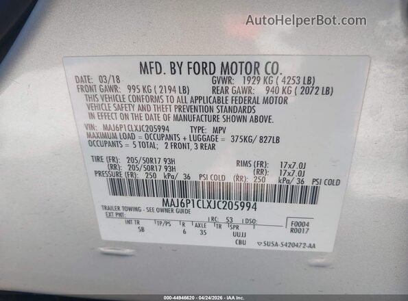 MAJ6P1CLXJC205994 2018 FORD ECOSPORT Silver Engine compartment view