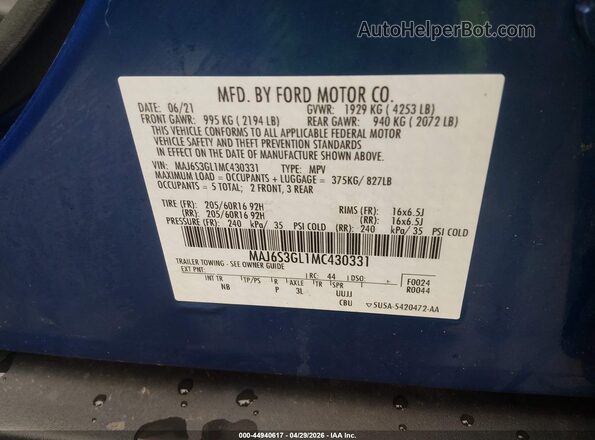 MAJ6S3GL1MC430331 2021 FORD ECOSPORT Blue Widok komory silnika