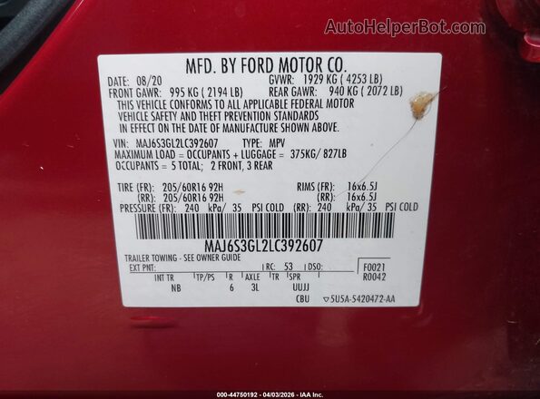 MAJ6S3GL2LC392607 2020 FORD ECOSPORT Red Widok komory silnika