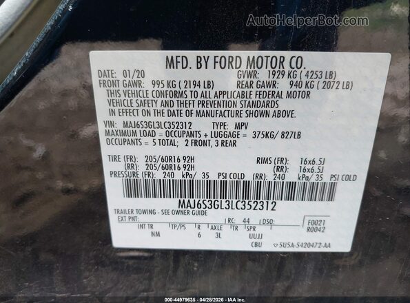 MAJ6S3GL3LC352312 2020 FORD ECOSPORT Черный Вид подкапотного пространства