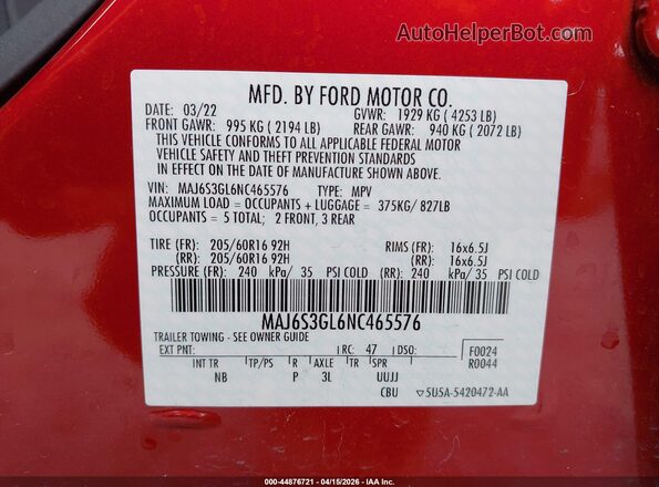 MAJ6S3GL6NC465576 2022 FORD ECOSPORT Красный Вид подкапотного пространства