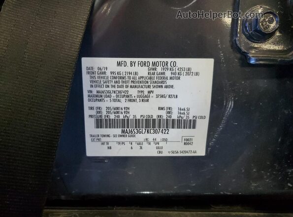 MAJ6S3GL7KC307422 2019 FORD ECOSPORT Gray VIN კოდის სტიკერის ხედი