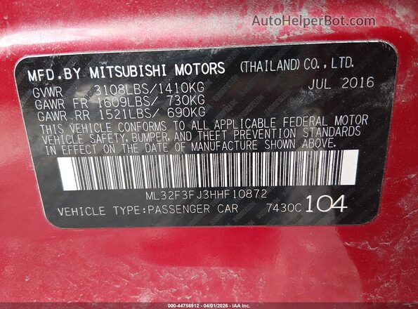 ML32F3FJ3HHF10872 2017 MITSUBISHI MIRAGE G4 Красный Вид подкапотного пространства