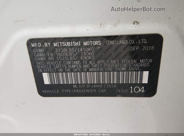ML32F3FJ4HHF13554 2017 MITSUBISHI MIRAGE G4 White Շարժիչի բաժամունքի տեսք