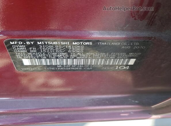 ML32F3FJ4LHF12090 2020 MITSUBISHI MIRAGE Maroon Vista del compartimento del motor
