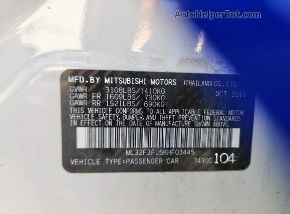 ML32F3FJ5KHF03445 2019 MITSUBISHI MIRAGE White Вид наклейки з VIN-кодом