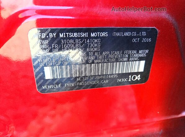 ML32F3FJ8HHF14495 2017 MITSUBISHI MIRAGE Red Vista del compartimento del motor