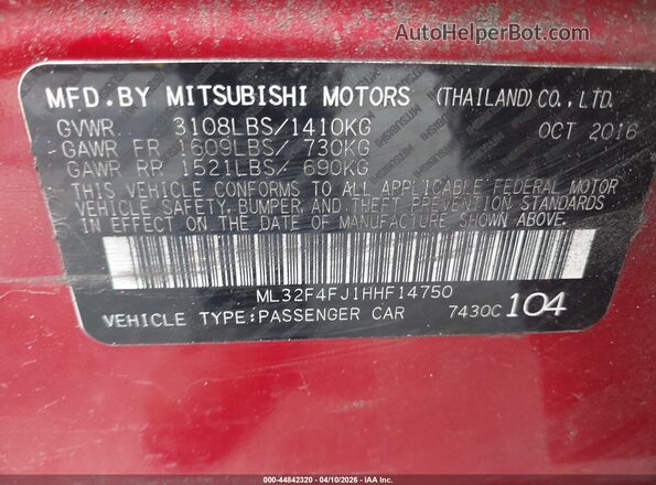 ML32F4FJ1HHF14750 2017 MITSUBISHI MIRAGE G4 Red Vista del compartimento del motor