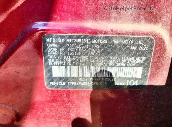 ML32FVFJ7NHF05892 2022 MITSUBISHI MIRAGE Maroon VIN կոդի պիտակի տեսք