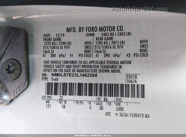 NM0LS7E23L1462588 2020 FORD TRANSIT CONNECT Белый Вид наклейки с VIN-кодом