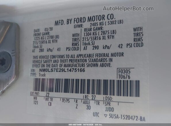 NM0LS7E29L1475166 2020 FORD TRANSIT CONNECT Белый Вид подкапотного пространства