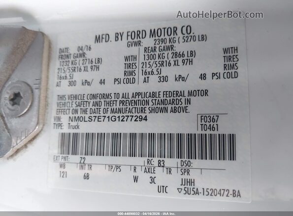NM0LS7E71G1277294 2016 FORD TRANSIT CONNECT White Вид підкапотного простору
