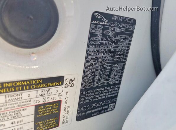 SADCJ2EX0NA690737 2022 JAGUAR F-PACE White Вид наклейки з VIN-кодом