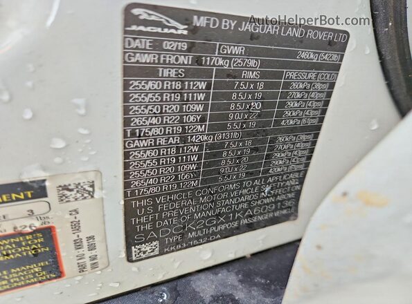 SADCK2GX1KA609136 2019 JAGUAR F-PACE White Widok naklejki z numerem VIN