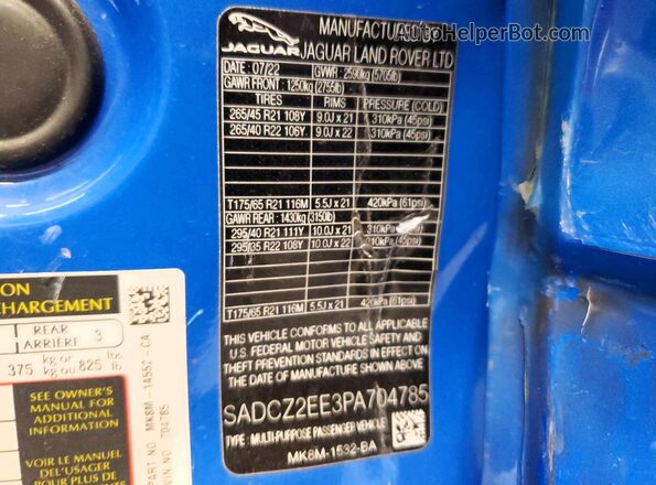 SADCZ2EE3PA704785 2023 JAGUAR F-PACE Blue VIN կոդի պիտակի տեսք