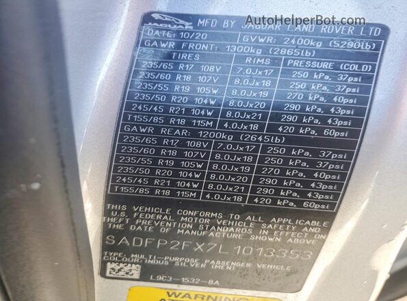 SADFP2FX7L1013353 2020 JAGUAR E-PACE Silver Вид наклейки з VIN-кодом