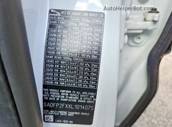 SADFP2FXXL1014075 2020 JAGUAR E-PACE White Widok naklejki z numerem VIN