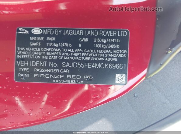 SAJD55FE4MCK69661 2021 JAGUAR F-TYPE Красный Вид подкапотного пространства