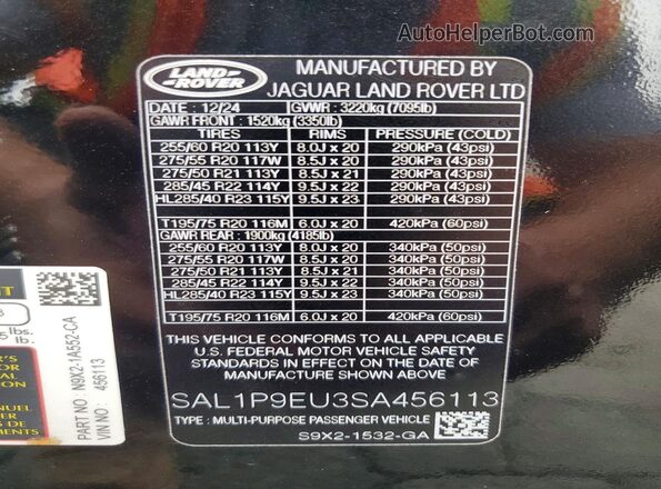 SAL1P9EU3SA456113 2025 LAND ROVER RANGE Черный Панорамный вид салона 360°