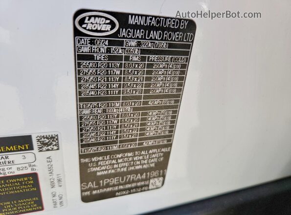 SAL1P9EU7RA419611 2024 LAND ROVER RANGE Белый Вид наклейки с VIN-кодом