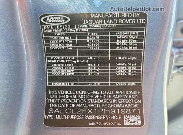 SALCL2FX1PH919871 2023 LAND ROVER DISCOVERY Blue VIN კოდის სტიკერის ხედი